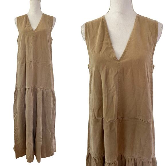 Everlane Tencel V Neck Sleeveless Tiered Midi Tank Dress L Neutral Sustainable - Picture 1 of 7